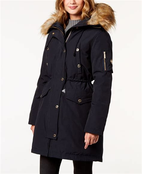 michael kors faux fur trimmed parka|Faux Fur Trim Ciré Belted Parka .